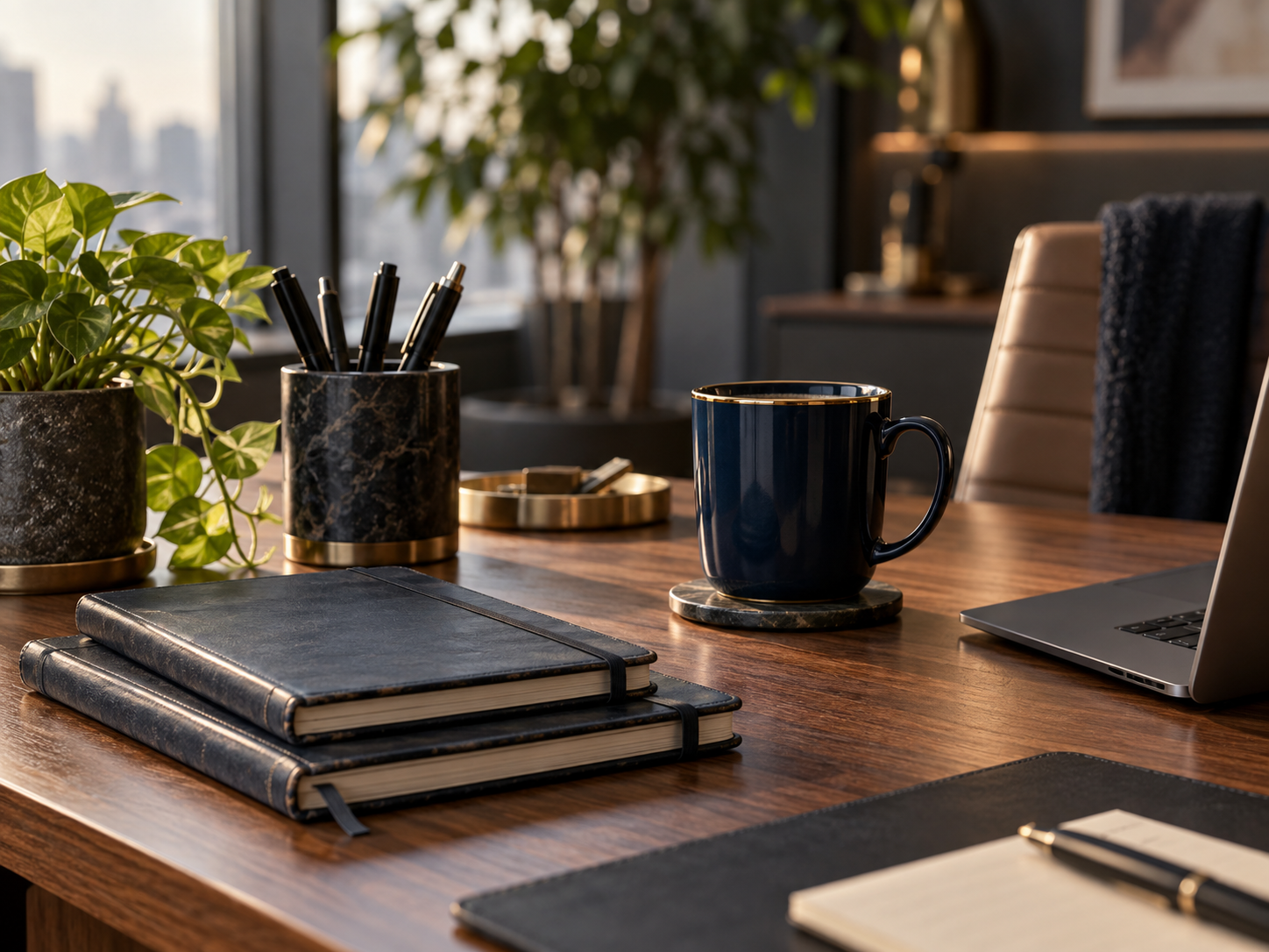 Natural executive desk with notebooks, pen cup and navy mug