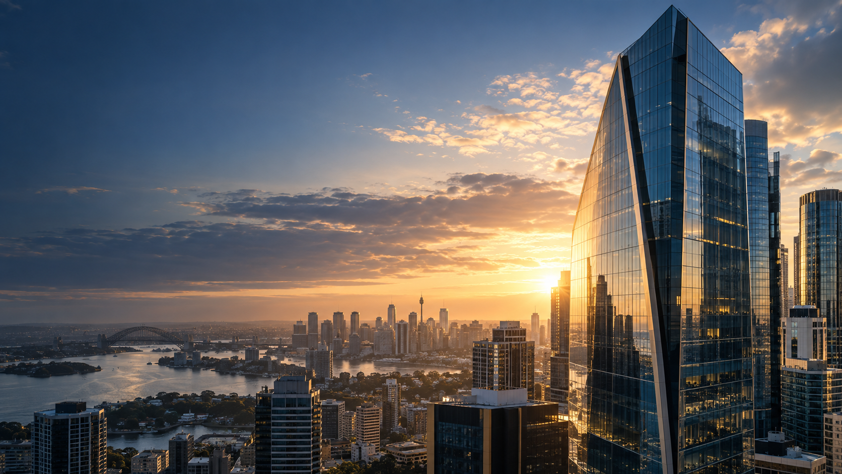 Sydney skyline and contemporary office tower at sunrise