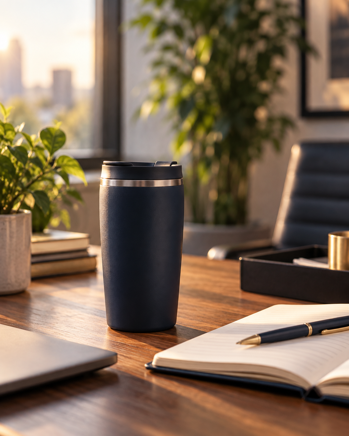 Natural office desk with navy tumbler and notebook