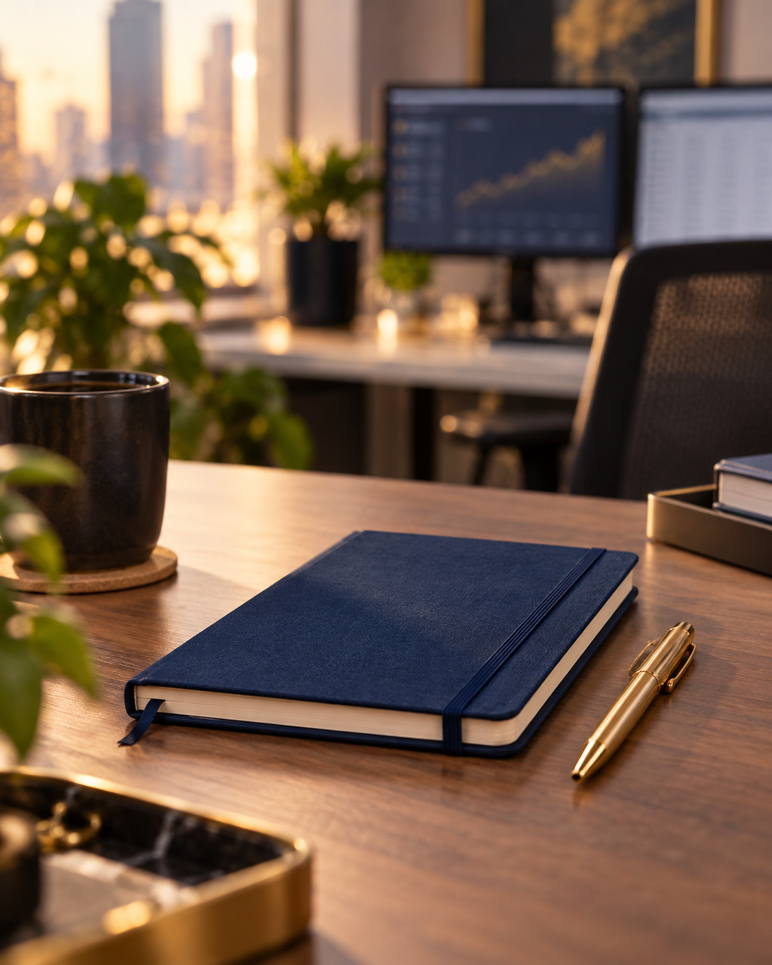 Natural office desk with navy planning notebook and gold-toned pen