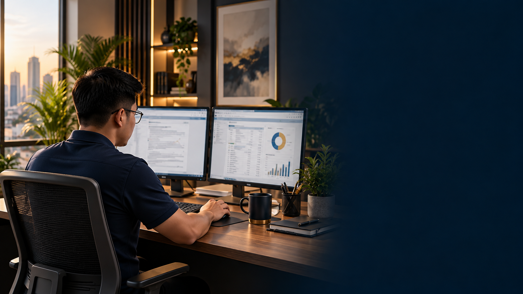 Filipino paraplanner working at dual monitors in a premium financial-planning office