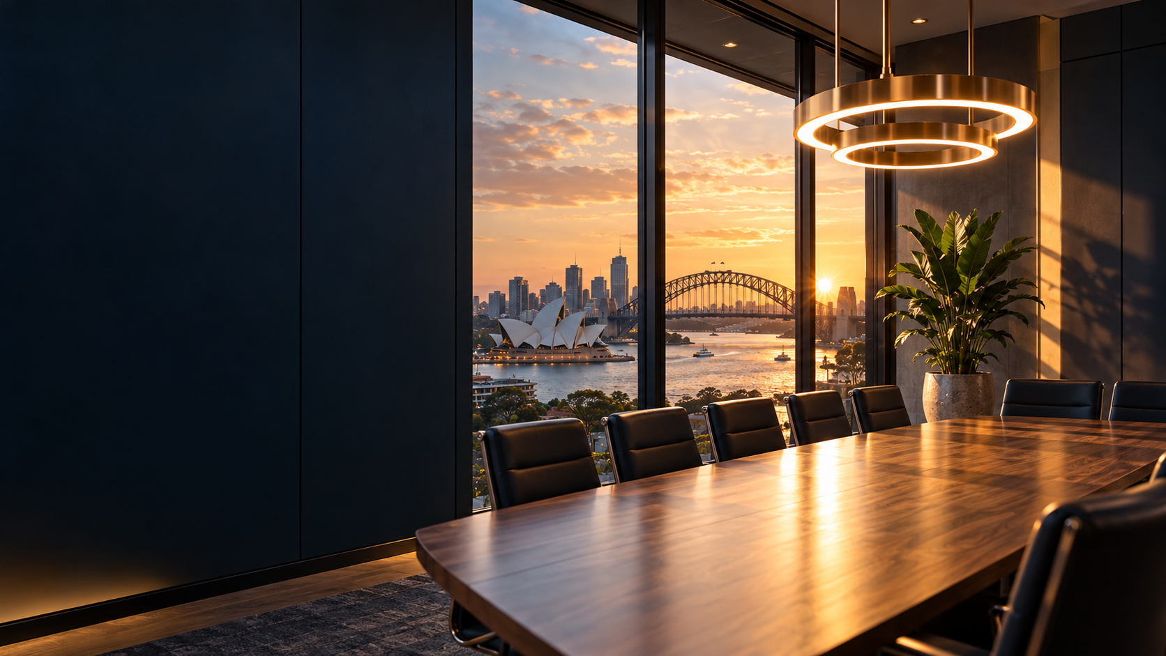 Premium Sydney boardroom overlooking the Opera House and Harbour Bridge at sunset